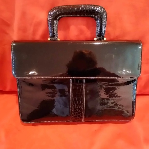 Black Faux Patent Leather Top Handle Vintage Briefcase Style Bag - Picture 11 of 11